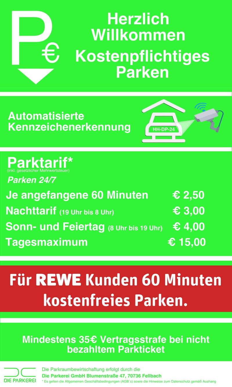 Tarifschild an der Hebebrandstraße 2 in Hamburg: Parktarife, Freiparkzeit für REWE-Kunden und Vertragsstrafe