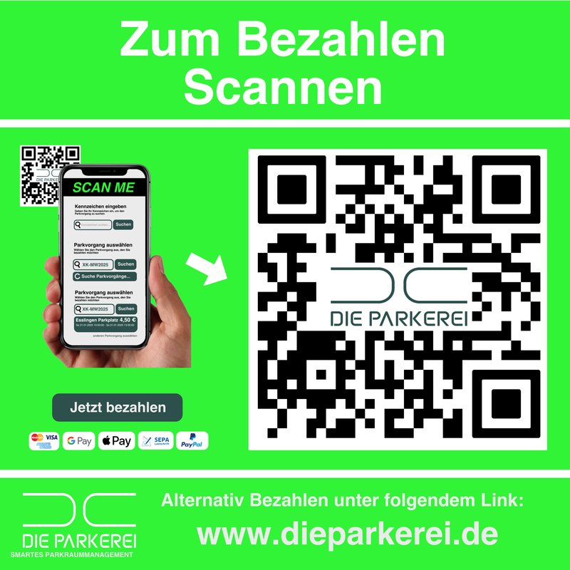 Bezahlen per QR-Code an der Rotebühlstraße 70 in Stuttgart: Kennzeichen suchen, Parkvorgang auswählen, bezahlen